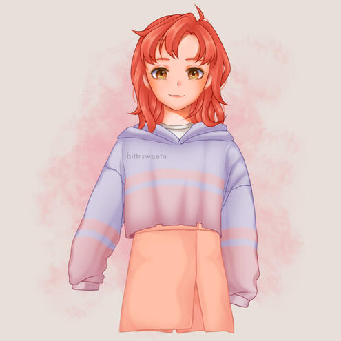 fully rendered thigh-up with simple background